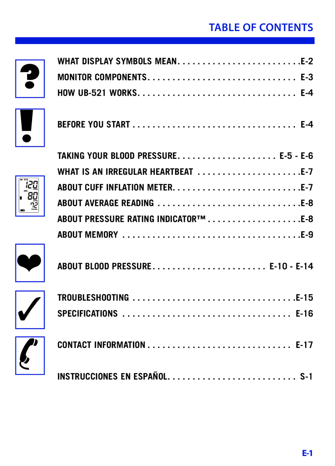 LifeSource UB-521 manual Table Of Contents 